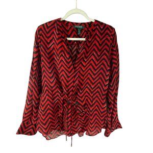 Lauren Ralph Lauren Red Black Chevron Blouse PL Long Sleeves Cotton Blend Office